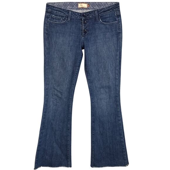 Y2K Paige Denim Jeans Low Rise Flare Leg Raw Button Fly Hem Size 30 Retro - Picture 1 of 10